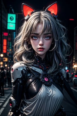 best quality, detailed face, a half-hybrid robot girl, her left hand is all robotic, her right hand is human,her eyes are light blue, her hair is blood red, her face is beautiful but her expression is blank, her legs are half-robotic, the girl is walking down the night Tokyo street full of neon lights
symmetrical, vibrant, style artwork, highly detailed CG, 8k wallpaper, beautiful face, full scene,
