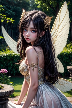 best quality, detailed face, full body, gold wings, the fairy is in the garden. in the garden is a unicorn. she is fully dressed in a white dress with gold details. she has long black hair. her eyes are sparkling blue. her face looks innocent. She is cute and beautiful. 
symmetrical, vibrant, style artwork, highly detailed CG, 8k wallpaper, beautiful face, full scene
