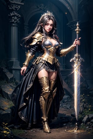 best quality, detailed face, full body, castle, princess in gold knight's armor with silver details. she has black long hair down to the ground. her yellow neon eyes are sparkling. her face looks gentle. she is very masculine and brave. in one hand he holds a gold colored sword stained with blood. 
symmetrical, vibrant, style artwork, highly detailed CG, 8k wallpaper, beautiful face, full scene, full body shape
,no_humans