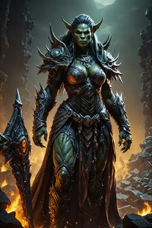 (extremely detailed 8k wallpaper), a medium photo of a fearsome female Orc necromancer, intricate, with lots of details, full body photo, dramatic,LegendDarkFantasy