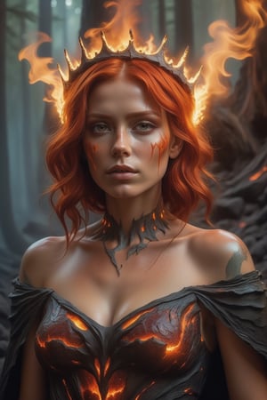 Woman with red hair, in a cracked petrified dress and volcanic lava, a beautiful crown of fire on her head, detailed face, detailed skin, front, burning forest background, cape, unzoom, choker, hyper-detailed painting, luminism, bar lighting, complex, 4k resolution concept artistic portrait of Greg Rutkowski, Artgerm, WLOP, Alphonse Mucha, small realistic gothic pojatti fusion, isometric details bioluminescens fractals: a stunner,fire element