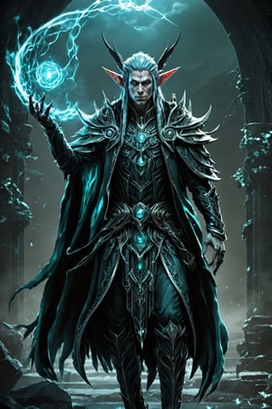 (extremely detailed 8k wallpaper), a medium photo of a fearsome male Elf necromancer, intricate, with lots of details, full body photo, dramatic,LegendDarkFantasy