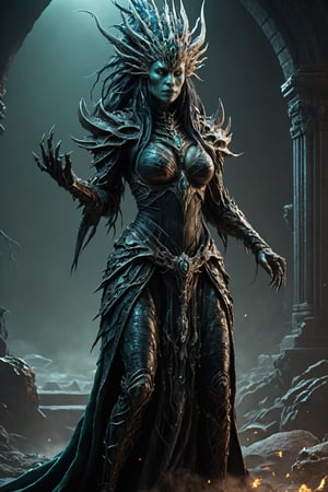 (extremely detailed 8k wallpaper), a medium photo of a fearsome reptilian woman necromancer, intricate, with lots of details, full body photo, dramatic,LegendDarkFantasy