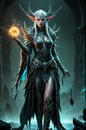 (extremely detailed 8k wallpaper), a medium photo of a fearsome female Elf necromancer, intricate, with lots of details, full body photo, dramatic,LegendDarkFantasy