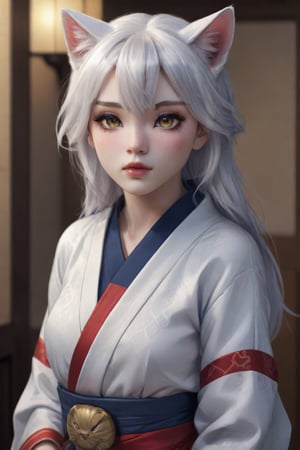 (a beautiful woman, white skin with white snake skin),(silver hair),(yellow cat eyes),(makeup with red stripes under each eye),(wearing blue lipstick on her mouth),(she wears a white haori/Japanese coat over a light blue kimono with black hakama/Japanese pants), (expression of tranquility), beautiful face, 8k, extremely detailed,more detail XL,<lora:659095807385103906:1.0>