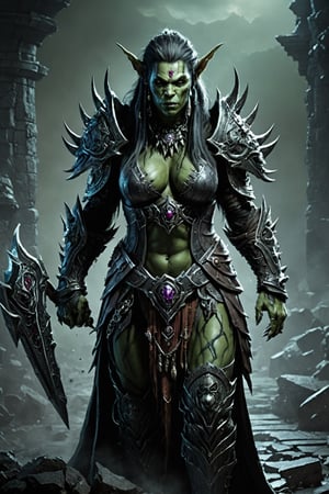 (extremely detailed 8k wallpaper), a medium photo of a fearsome female Orc necromancer, intricate, with lots of details, full body photo, dramatic,LegendDarkFantasy