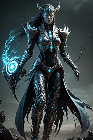 (extremely detailed 8k wallpaper), a medium photo of a fearsome cyborg woman necromancer, intricate, with lots of details, full body photo, dramatic,LegendDarkFantasy