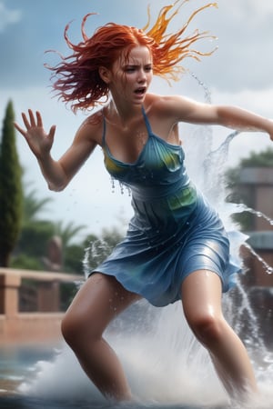 artwork, Best quality, (dynamic pose:0.5), absurdities, 1 girl, fighting pose, piercing water, (attacking with water:1.5) wet clothes, wet hair, wet face, water behind a person, multicolored hair , (Wind:1.4),water dress,photorealistic