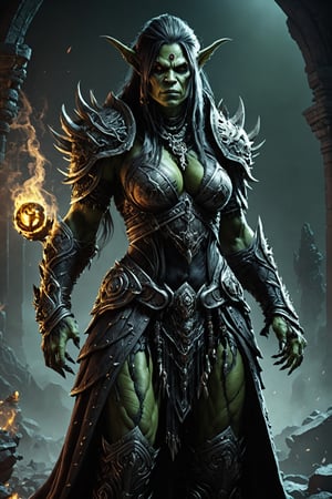 (extremely detailed 8k wallpaper), a medium photo of a fearsome female Orc necromancer, intricate, with lots of details, full body photo, dramatic,LegendDarkFantasy