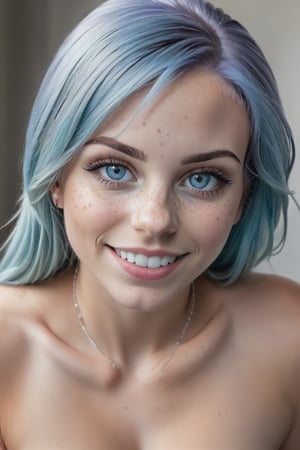 photo, 1girls, (((small breast implants))), blue hair, freckles, cartoon eyes, smirk, cleavage, portrait,
,realism,realistic,raw,analog,photorealistic,realism ,  detailed image, nsfw, choker, photo r3al, detailmaster2,