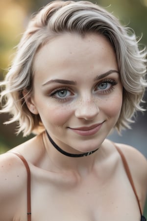 photo girl,  (Flora Flanagan-Kreinbihl), (((small breast implants))), grey hair, freckles, cartoon eyes, smirk, cleavage, portrait, bokeh,
,realism,realistic,raw,analog,photorealistic,realism , Mature, detailed image, nsfw, choker, photo r3al, detailmaster2,