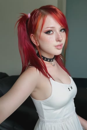 closeup view of a 25 yo little tween american girl with button nose, freckles, 1girl, red hair in a pony tail, smirk, choker, (slender girl with 
hot body, very sexy:1.1), big cleavage, white dress, e-girl makeup, pink-emo