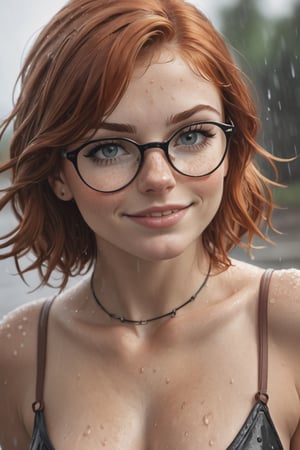 photo, 1girls, her name is allice, (((small breast implants))), auburn hair, freckles, cartoon eyes, smirk, cleavage, portrait, glasses, wet skin
,realism,realistic,raw,analog,photorealistic,realism ,  detailed image, nsfw, choker, photo r3al, detailmaster2,