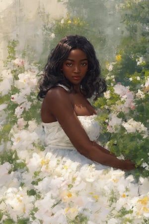 1girl, solo, long hair, ((looking at viewer)), pov: looking at viewer, blush, (((young_child)), black_hair, dark skin, frilly white dress, dark-skinned female, lips, portrait very darkskin, in a garden full of flowers, surrounded by love, Chubby, chubby, fat, plump,masterpiece,Plump,Fat,Fat Rolls, oil painting, full lips, (bichu), book cover