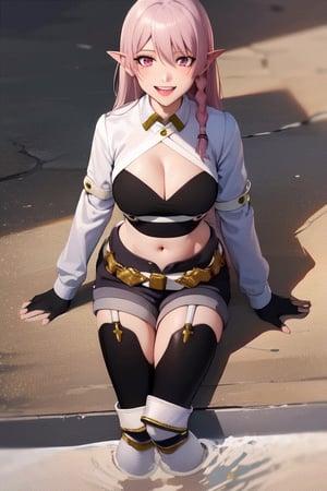 masterpiece, best quality, highres, 1girl pointy ears, crop top cleavage cutout long sleeves white jacket black gloves fingerless gloves belt blue shorts black thighhighs white boots  sitting, wading, looking at viewer, smile,1girl pointy ears