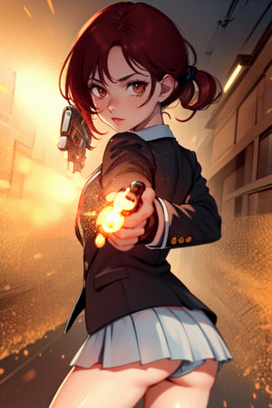 aiming at viewer, expressive eyes, perfect face, brown_eyes, skirt, blazer, (aiming at viewer, handgun, holding pistol), shooting, muzzle flash,realhands, back street, red hair