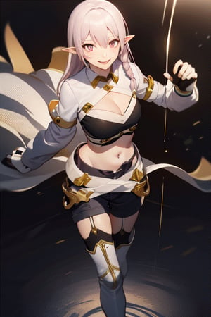masterpiece, best quality, highres, 1girl pointy ears, crop top cleavage cutout long sleeves white jacket black gloves fingerless gloves belt blue shorts black thighhighs white boots,((dance)), wading, looking at viewer, smile,1girl pointy ears,better_hands