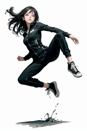 young girl full body portrait.. She is around 20 year old. She has black hair and piercing eyes and wears loose flowing jumpsuits and converse shoes, she is in a dynamic pose or an action pose. Mid action. She is not looking at the viewer. It is a candid. full body. slender, feminine, fit, athletic black and white drawn in pencil or charcoal