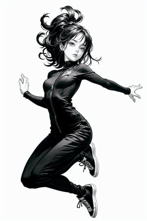 young girl full body portrait.. She is around 20 year old. She has black hair and piercing eyes and wears loose flowing jumpsuits and converse shoes, she is in a dynamic pose or an action pose. Mid action. She is not looking at the viewer. It is a candid. full body. slender, feminine, fit, athletic black and white drawn in pencil or charcoal,Detailedface,Endsinger