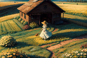 ((a girl with flowers in her hair, walking in a field of yellow hay. She is wearing a white dress, and a hat made of straw. The midday sun is shining, and the sky is blue. There is a red barn in the distant horizon. )) ((plein air by sergey kuleshov)) ((oil painting)) ((beautiful)) ((serene)) ((azure)) ((peaceful)) ((nostalgia)) ((nostalgic)) ((masterpiece)) ((best)) ((highly detailed)) ((4k)) ((painterly)),fate/stay background