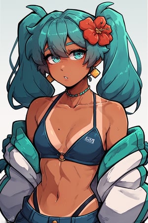 Score_8_up,,Girl, ,score_tag,Trooby_style,BrazilianMiku, 1girl, brazilianmiku, dark-skinned female, tanlines, twintails, hair flower, aqua eyes