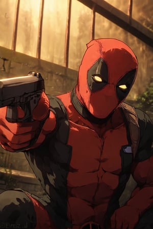 Score_9_up, Score_8_up, Score_7_up, Score_tag,Deadpool,Sitting on some stairs, Male pose, male spotlight, Gun in hand, looking at the viewer, BREAK, MASTERPIECE, BEST QUALITY,