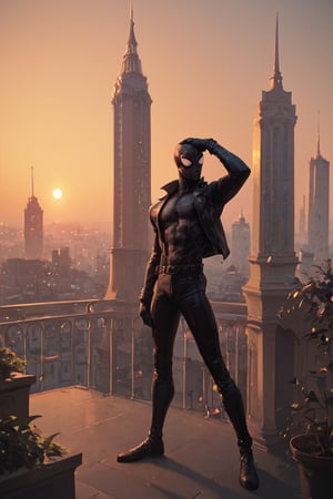 score_9_up, score_8_up, score_7_up, score_6_up,spdrmnnr,1 boy, 28 years old, Spiderman noir, on top of a building, city, ((MASTERPIECE)) ((BEST QUALITY)),Standing,Hand on the head, hand in the hand,open legs,Looking ahead, sunset 