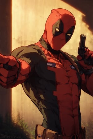 Score_9_up, Score_8_up, Score_7_up, Score_tag,Deadpool, Leaning against a wall, pointing a gun at the Spectator, BREAK, MASTERPIECE, BEST QUALITY,