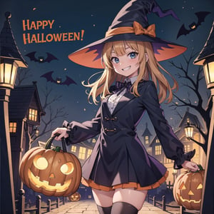 (masterpiece), (halloween:1.2), happy halloween text, night, scenery, 1girl, halloween striped thighhighs, witch hat, grin