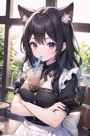 (masterpiece), 1girl, black hair, maid, cat ears, bubble tea challenge, drinking straw, crossed arms