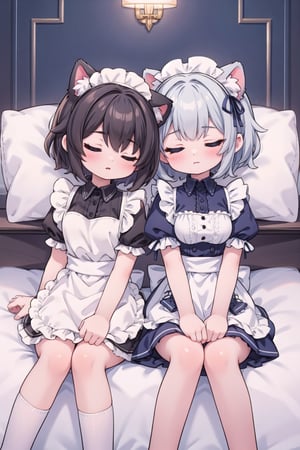 (masterpiece), pillow, 2girls, multiple girls, closed eyes, sleeping upright, sleeping on person, sitting, leaning on person, silver hair, medium hair, sidelocks, maid apron, (maid headdress:1.2), BREAK, black hair, cat ears, medium breasts