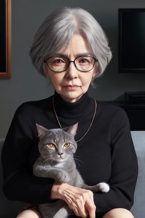 Old lady with grey and black hair sitting on a couch watching tv with a cat on her lap in a dark room , she is loking at the viewer and has reflection of the tv in her glasses, it is 12:00PM dark asthetic, close up, loop,  (((dynamic))), super realistic, realistic skin and cat, (HD), proper fov and pov, v4ni4