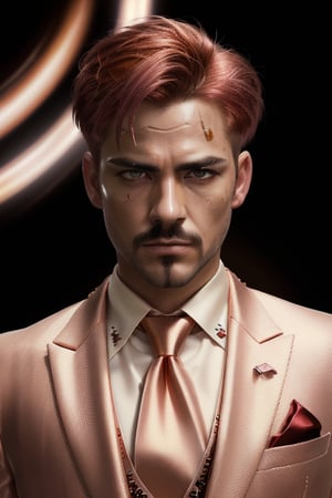 exremely handsome middle aged man, looking at the viewer, ((korean)), (((small scar under eye))), (((Rose gold hair with firey red color at the end))), ((realistic punk)), ((slick)), ((vector art)), (spotlight), (((piercing death stare))), glossy eyes, (((dressed in cream silk suit and dark brown tie))), ((HD)), ((super detailed)), (high res), ((hyper realistic)), (((oil painting)))