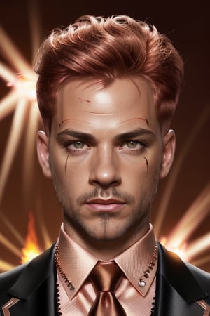 exremely handsome middle aged man, looking at the viewer, ((african american)), (((small scar under eye))), (((Rose gold hair with firey red color at the end))), ((realistic punk)), ((slick)), ((vector art)), (spotlight), (((piercing death stare))), glossy eyes, (((dressed in cream silk suit and dark brown tie))), ((HD)), ((super detailed)), (high res), ((hyper realistic)), (((oil painting)))