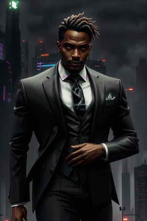 (Men in Balck), ((fancy suit)), expressionless, (detailed tie), ((smokey background)) (extremely detailed CG unity 8k wallpaper), (((masterpiece))), (((best quality))), (((ultra-detailed))) ((cyberpunk)), (((african american))), (piercing eyes), ((vector art)), silhouetted, ((hyper realistic)), (((super detailed))), irregular, ((beautiful)), ((dramatic)), ((rainy setting)), (libranated), (neon), (jouvenille), (sketch), (volumetric), ((cinematic)), (glow)