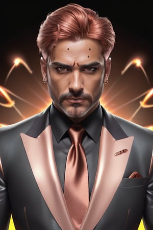 exremely handsome middle aged man, looking at the viewer, ((indian)), (((small scar under eye))), (((Rose gold hair with firey red color at the end))), ((dessert punk)), ((slick)), ((vector art)), (spotlight), (((piercing death stare))), glossy eyes, (((dressed in cream silk suit and dark brown tie))), ((HD)), ((super detailed)), (high res), ((hyper realistic)), (((charcoal))), (muscular), 