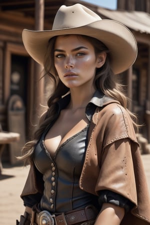 Create a [realistic] [4k] [monochrome] , [high contrast], [photography] that captures the essence of the [wild west], featuring a [masterpiece] that depicts a [space cowboy] scene, futuristic weapons. The photo should be of [exquisite quality], with [specular reflection], [subsurface scattering], [diffuse reflection], [backlight], [soft light]. The image should prominently feature a [single], [extremely beautiful], [young] [woman], who is a [outlaw] and [bandit] with [alluring gaze]. She stands in an [old west] [dusty] town. The woman is dressed in typical cowboy attire, wearing a [poncho] or [black coat], pants with [chaps], [cowboy boots], and a [realistic] [cowboy hat] with [revolvers] in her [holsters], which complement her [natural] beauty and [cowboy] charm. Her [tanned face] is [flushed], [blushed] with [dense delicate freckles] should have [detailed contours] and a [heart-shaped] structure with [delicately proportioned features] and [high cheekbones]. Her [full, pouty lips] should be slightly parted, and her small, narrow nose should add to her charm. Her [detailed eyes] should be enhanced with [black eyeliner] and [black smudged eyeshadow], which beautifully frame her [natural] beauty. In the photo, the woman's skin should be [sweaty], [glossy], and radiant, while her [messy] hair should add to the [natural] appeal of the image. The [wild west] setting should be emphasized, with a [high level of detail] in the [realistic] and [natural] scenery. The [dusty town] should be placed in the background, enhancing the overall [wild west] vibe of the photo. The overall theme of the photograph should be [realistic], [half body] , [natural], and [wild west] in style, highlighting the beauty of the [old west].aim gun, aim gun, ,gunatyou,halsman,more detail XL