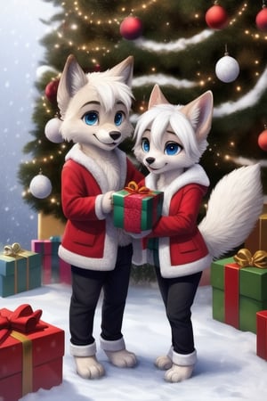 Wolf couple, girl and boy exchanging gifts, blue eyes, fur, art by zaush, anthro, masterpiece, best quality, looking at you, detailed, detailed background, sweatpants:0.8, Highest Quality, 4k, masterpiece, Amazing Details, Shallow Depth of Field, E671, standing, paws, chibi, young, chubby, b-ern, fluffy, chest fluff, snow, snowing, winter, wearing coat, christmas tree, bells, happy, holding gift box with bow, holiday,Christmas,christmas tree,multiple girls