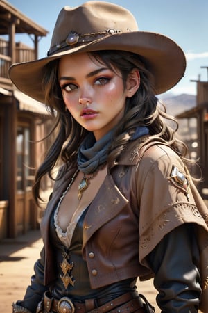 Create a [realistic] [4k] [monochrome] , [high contrast], [photography] that captures the essence of the [wild west], featuring a [masterpiece] that depicts a [space cowboy] scene, futuristic weapons. The photo should be of [exquisite quality], with [specular reflection], [subsurface scattering], [diffuse reflection], [backlight], [soft light]. The image should prominently feature a [single], [extremely beautiful], [young] [woman], who is a [outlaw] and [bandit] with [alluring gaze]. She stands in an [old west] [dusty] town. The woman is dressed in typical cowboy attire, wearing a [poncho] or [black coat], pants with [chaps], [cowboy boots], and a [realistic] [cowboy hat] with [revolvers] in her [holsters], which complement her [natural] beauty and [cowboy] charm. Her [tanned face] is [flushed], [blushed] with [dense delicate freckles] should have [detailed contours] and a [heart-shaped] structure with [delicately proportioned features] and [high cheekbones]. Her [full, pouty lips] should be slightly parted, and her small, narrow nose should add to her charm. Her [detailed eyes] should be enhanced with [black eyeliner] and [black smudged eyeshadow], which beautifully frame her [natural] beauty. In the photo, the woman's skin should be [sweaty], [glossy], and radiant, while her [messy] hair should add to the [natural] appeal of the image. The [wild west] setting should be emphasized, with a [high level of detail] in the [realistic] and [natural] scenery. The [dusty town] should be placed in the background, enhancing the overall [wild west] vibe of the photo. The overall theme of the photograph should be [realistic], [half body] , [natural], and [wild west] in style, highlighting the beauty of the [old west].aim gun, aim gun, ,gunatyou,halsman,more detail XL