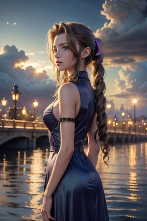 ((masterpiece)), (best quality), (cinematic), Slender, skinny, large breasts, long satin dress, close-up, puddles of water, long black hair, bangs, green eyes, freckles on cheeks, wind, detailed face, detailed body, dark gray sky, glow, clouds, city lights, floating bubbles (cinematic, colorful), (extremely detailed), clouds, highly detailed face,aerith gainsborough,aerith gainsborough \(cosplay\),choker