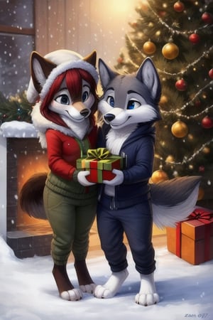 Wolf couple, girl and boy exchanging gifts, blue eyes, fur, art by zaush, anthro, masterpiece, best quality, looking at you, detailed, detailed background, sweatpants:0.8, Highest Quality, 4k, masterpiece, Amazing Details, Shallow Depth of Field, E671, standing, paws, chibi, young, chubby, b-ern, fluffy, chest fluff, snow, snowing, winter, wearing coat, christmas tree, bells, happy, holding gift box with bow, holiday,Christmas,christmas tree,multiple girls