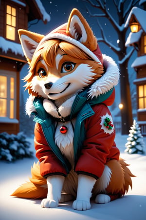 Christmas scene, Christmas tree, presents, Perfect anatomy, ambient lighting, masterpiece, illustration, 4k, (by Siroc).
  fox, canine, canidae, mammal, anthro, female, chibi style, ((white fur)), fur, eskimo clothing, gloves, winter gloves, jacket, winter jacket, hood, winter hood, winter, snow, cold, frozen, shaking, arms crossed, crossing arms, shivering.
  Digital art work, heavy shadows, natural lights, octa render.