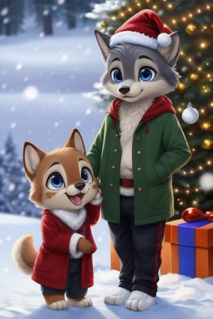Wolf couple, 1girl and 1boy, blue eyes, fur, art by zaush, anthro, masterpiece, best quality, looking at you, detailed, detailed background, sweatpants:0.8, Highest Quality, 4k, masterpiece, Amazing Details, Shallow Depth of Field, E671, standing, paws, chibi, young, chubby, b-ern, fluffy, chest fluff, snow, snowing, winter, wearing coat, christmas tree, bells, happy, holding gift box with bow, holiday,Christmas,christmas tree