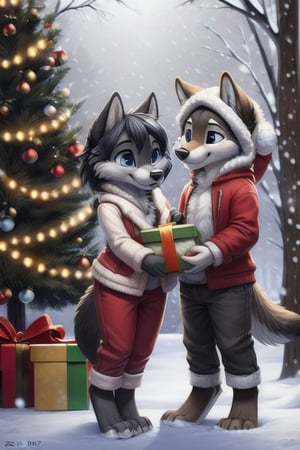 Wolf couple, girl and boy exchanging gifts, blue eyes, fur, art by zaush, anthro, masterpiece, best quality, looking at you, detailed, detailed background, sweatpants:0.8, Highest Quality, 4k, masterpiece, Amazing Details, Shallow Depth of Field, E671, standing, paws, chibi, young, chubby, b-ern, fluffy, chest fluff, snow, snowing, winter, wearing coat, christmas tree, bells, happy, holding gift box with bow, holiday,Christmas,christmas tree,multiple girls