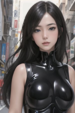 1girl, (masterpiece:1.3), highres, high quality, highres, ultra-detailed, best quality, (8k),  (perfect face and eyes:1.2), (textured skin), (pixiv), (solo), latex, science fiction, black bodysuite, bodysuit, gantz, reika, large hair, black hair, large breasts, blue eyes, , (street), (modeling pose:1.3), looking at viewer