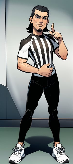 ((WWE)) Referee, (Referee man), ((1 man)), full body, (Masterpiece, highly detailed, extremely detailed, HD), (best quality, ultra-detailed, best shadow), (detailed background), ((Wearing Black pants (Black and white Vertical stripes Referee Tee shirt) with big white gym shoes)) SAM YANG, perfect fingers, perfect hands, both feet on the ground in a firm stance, r1ge, 3DMM, Aggressive, Angry expression, looking at the viewer,  Athletic thin build, Toned masculine body, Upright, ((Standing up straight)) ((Feet slightly Apart)) ((Facing forward)) ((Arms and hands up and outward like ready to fight)), ((hands are holding the middle finger)) Centered, longer arms, Lower the arms & Hands to Chest level, Hands away from the body,