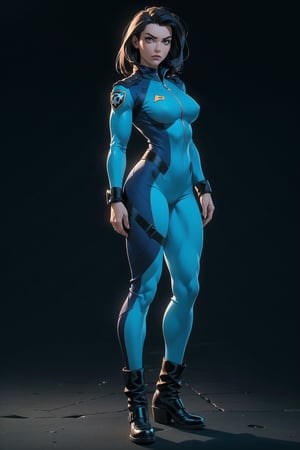 ((Marvel comics Shield agent)), 1 Woman (Masterpiece, highly detailed, extremely detailed, HD), (best quality, ultra-detailed, best shadow), (detailed background), (beautifully detailed face, beautiful detailed eyes), full body, one Woman, ((agents are typically depicted wearing a form-fitting jumpsuit as their standard uniform. The jumpsuit is often one solid color, commonly blue or black, and may have subtle details like piping or seams.)), Big Black Boots, perfect fingers, perfect hands, r1ge,3DMM, SAM YANG, Scary, both feet on the ground in a firm stance, Upright, Huge muscular build, Upright, and Arms and hands outward away from the body, ((Standing up straight))  ((Feet slightly Apart)) Arms and hands are outward away from the body, Medium boobs