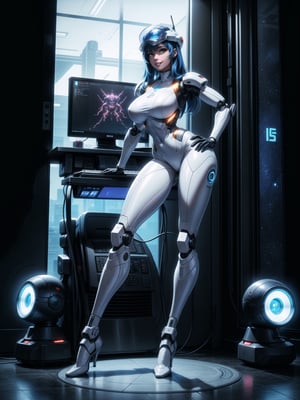 A woman, wearing white wick suit with parts in blue + robotic armor with lights, gigantic breasts, wearing helmet with transparent colored visor, blue hair, rebellious hair, messy hair, hair with bangs in front of the eye, looking at the viewer, (((sensual pose with interaction and leaning on anything+object+leaning against))), in a spaceship with many structures,  equipment, robots, computers, elevator, ((full body):1.5), 16K, UHD, unreal engine 5, quality max, max resolution, ultra-realistic, ultra-detailed, maximum sharpness, ((perfect_hands):1), Goodhands-beta2, [super metroid], cyberware, cybernetic