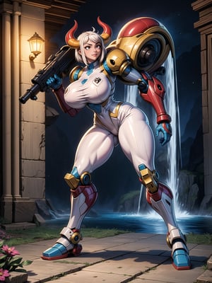 A woman, wearing ((White mecha costume with parts in blue, gigantic breasts, horns)), very short hair, white hair, hair with green locks, messy hair, hair with bangs in front of eyes, magical aura around the body, (((looking at the viewer, sensual pose with interaction and leaning on anything+object+on something+leaning against+leaning against))) in an ancient temple at night in the mountains, with many structures, waterfall, altars, pedestals, ((full body):1.5); 16K, UHD, unreal engine 5, quality max, max resolution, ultra-realistic, ultra-detailed, maximum sharpness, ((perfect_hands):1), Goodhands-beta2, ((super metroid))+((mecha))