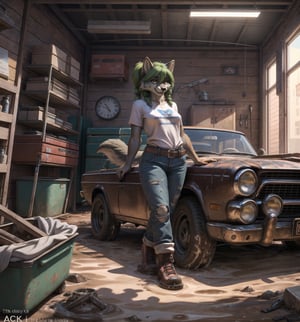 ((Clear 4K image with realistic dirty and worn style, rendered in ultra-high resolution with graphic details.):1.3). | At the vintage car body shop, a young 21-year-old werewolf is working tirelessly. She wears a white t-shirt, blue denim overalls with straps hanging from one of them, and a black leather belt with a gold buckle at her waist. His black leather boots are dirty with grease, as is the rest of his clothes, which are aged and tight to his body. Her long, straight green hair cascades over her shoulders, with large bangs in front of her eyes. She has two long pigtails held together with metal clips. Her yellow eyes look at the viewer with a mysterious look, while she (((smiles))), showing her teeth, with her mouth open, her tongue out and drool running down. Her face is covered in grease, as is the rest of the room. | The scene takes place in the old car body shop, a filthy and dirty place, full of stacked tires, mud and dirt. There is a bench with tools scattered around, old car engines and an old, rusty car in the process of being repaired. The smell of oil and gasoline permeates the air as the wolf woman works tirelessly. | Composition at an angle to the general plane, emphasizing the figure of the wolf woman and the elements of the bodywork. The metal structures, tires, mud and dirt, together with the wolf woman, the workbench, the tools and the old car, create a filthy and worn-out environment. The body shop's artificial lighting creates dramatic shadows and highlights the details of the scene. | Soft, shadowy lighting effects create a tense and challenging atmosphere, while rough, detailed textures on skin, clothing, tires and structures add realism to the image. | A challenging and realistic scene of a young wolf woman working tirelessly in the vintage car body shop, overcoming obstacles with determination and mechanical skill. | (((((The image reveals a full-body_image as she assumes a dynamic_pose, engagingly leaning against a structure within the scene in an exciting manner. She takes on a dynamic_pose as she interacts, boldly leaning on a structure, leaning back in an exciting way.))))). | ((perfect anatomy, perfect body)), ((perfect_pose):1.5), ((more_than_a_dynamic_pose, dynamic_pose):1.3), ((full-body_image)), ((perfect fingers, better hands, perfect hands, perfect legs, perfect feet)), ((perfect design)), ((correct errors):1.2), ((perfect composition)), ((very detailed scene, very detailed background, correct imperfections, perfect layout):1.2), (( More Detail, Enhance))